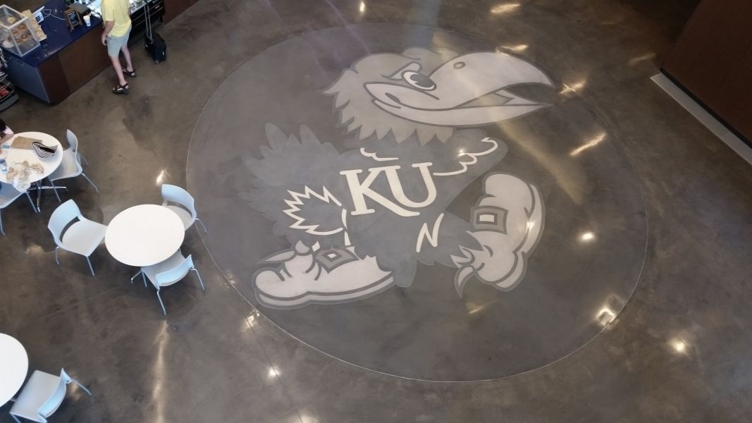 KU mascot ingrained in the decorative concrete