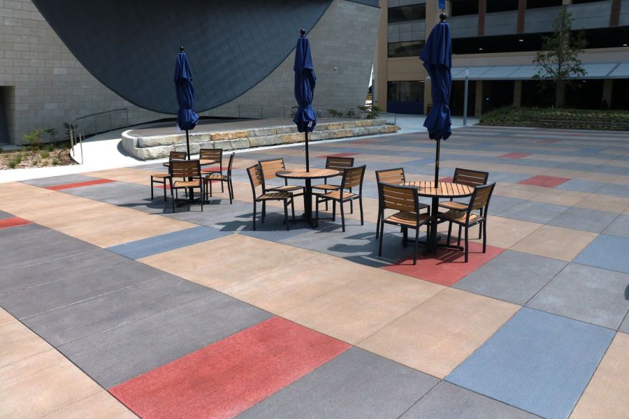 Lenexa Civic Center decorative concrete design outside with outdoor seating