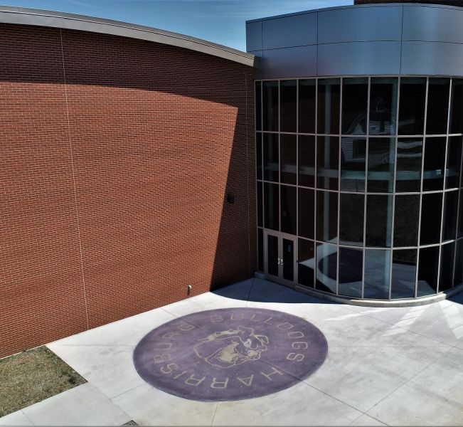 Harrisburg High School decorative concrete in front of the school