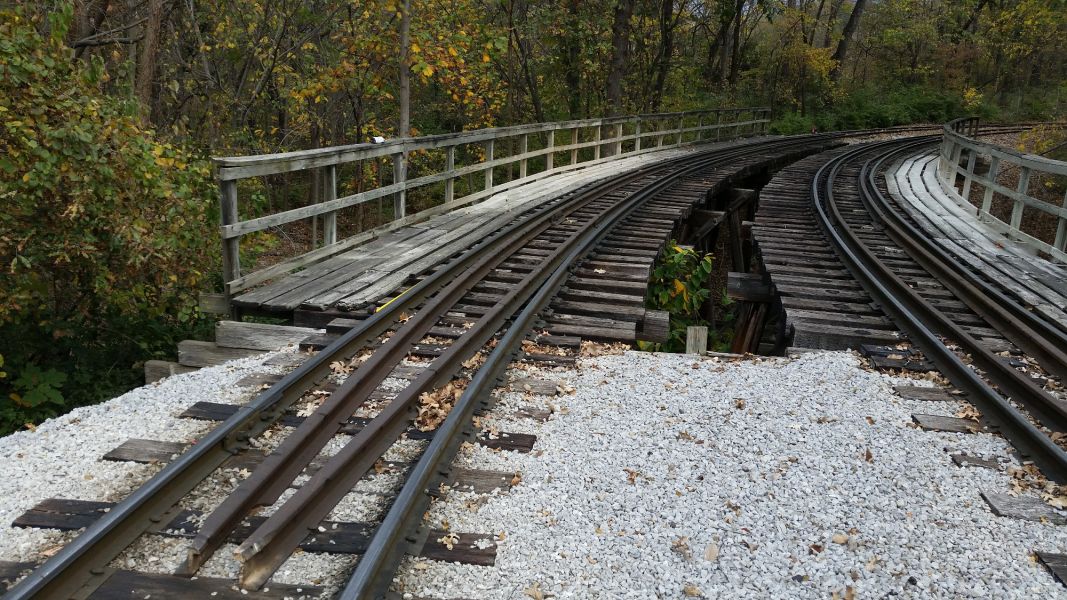 Railroad track construction on a bridge